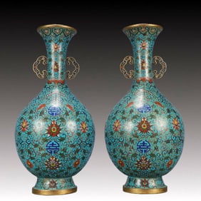 A Pair of Huge Cloisonne Lotus Pattern Double-Ears Vases