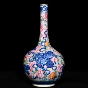 A Precious Blue and White Famille-Rose Flower and Beast Pattern Vase