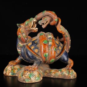 An Exquisite Tang Tri-Color Glazed Pottery Auspicious Beast Ornament