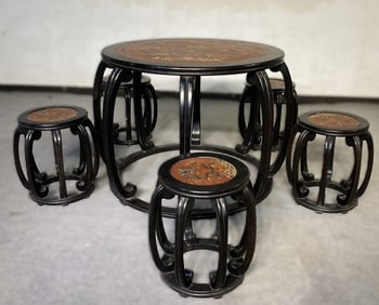 A Set of Fine Zitanwood Dragon Pattern Table and Stools,With poem