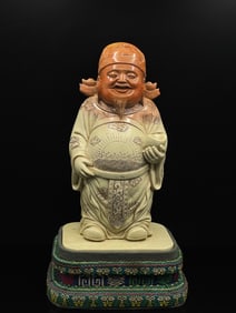 An Exquisite Shoushan Stone Statue of Mammon Ornament,With Base