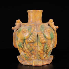 An Exquisite Tang Tri-Color Glazed Pottery Two Fish Vase