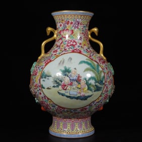 An Exquisite Famille-Rose Figure Pattern Double-Ears Vase