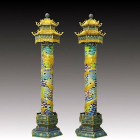 A Pair of Huge Cloisonne Auspicious Cloud and Dragon Pattern Columns