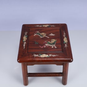 An Exquisite Huali wood Inlaid Gems Lion Pattern Stool