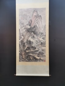 A Chinese Vertical Scroll Ink Painting of Landscape on Paper