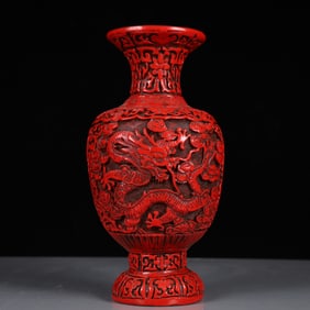 An Exquisite Carved Red Lacquer Auspicious Cloud and Dragon Pattern Vase
