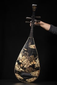 An Exquisite Carved Lacquer Painted Gold Character and Story Pattern Pipa