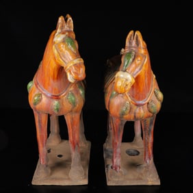 A Pair of Exquisite Tang Tri-Color Glazed Pottery Horse Ornaments