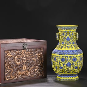 A Huge Blue and White Yellow Ground Lotus Pattern Double-Ears Vase