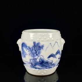 An Exquisite Blue and White Landscape Pattern Double-Ears Jar