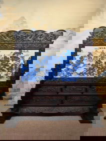 An Exquisite Redwood Inlaid Porcelain Plaques Blue and White Landscape Pattern Screen