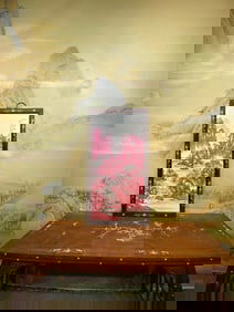 An Exquisite Redwood Inlaid Porcelain Plaques Ruby Red Glazed Landscape and Figure Pattern Hanging