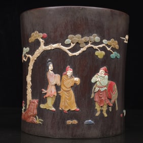 An Exquisite Zitanwood Figure Pattern Brush Pot,Inlaid Gems