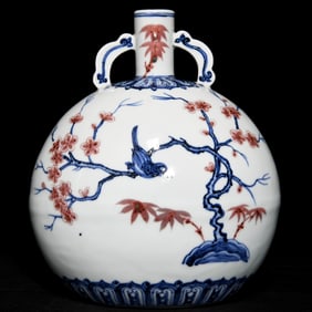 An Exquisite Blue and White Underglaze-Red Flower and Bird Pattern Vase