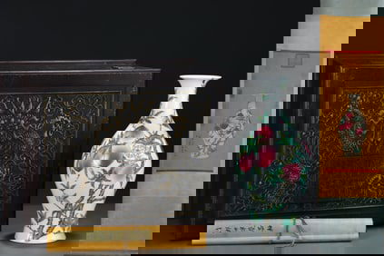 A Rare Famille-Rose Bats and Peach Pattern Vase,With Chinese Vertical Scroll Ink Painting on Silk