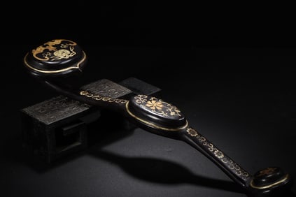 An Exquisite Carved Lacquer Painted Gold Ruyi Ornament