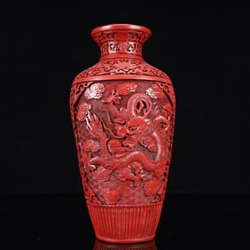 An Exquisite Carved Red Lacquer Auspicious Cloud and Dragon Pattern Vase