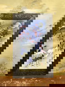 An Exquisite Redwood Inlaid Porcelain Plaques Blue and White Crane and Deer Pattern Hanging Panel