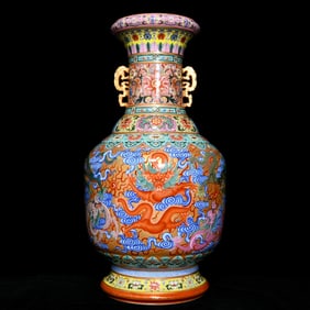 A Huge Gold Ground Enamel Auspicious Cloud and Dragon Pattern Double-Ears Vase