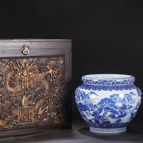 An Exquisite Blue and White Landscape and Figure Pattern Beast-Ears Vat