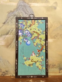 An Exquisite Redwood Inlaid Porcelain Plaques Famille-Rose Flower and Bird Pattern Hanging Panel