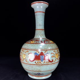 An Exquisite Ru yao Painted Color Bats and Peach Pattern Vase