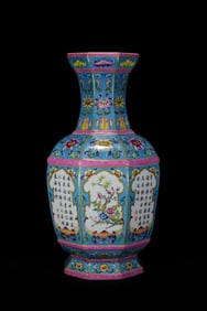 A Huge Ge yao Enamel Flower Pattern Vase,with poem
