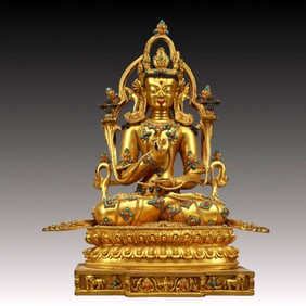 A Solemn Gilt Bronze Statue of Sakyamuni,Inlaid Turquoise