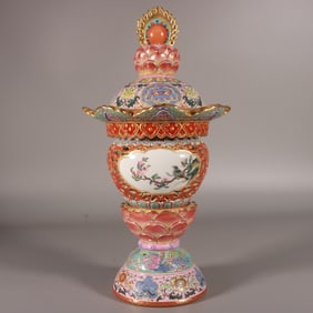 An Exquisite Enamel Painted Gold Flower and Bird Pattern, With Base