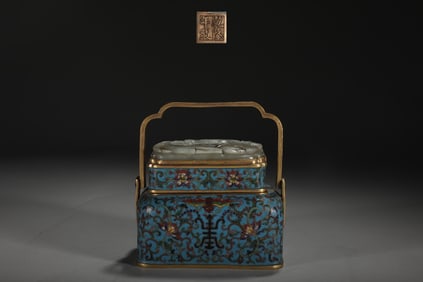 A Rare Cloisonne Inlaid White Jade Lotus and Shou-Character Pattern Handwarmer