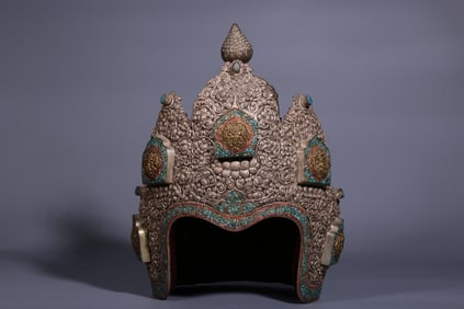 A Rare Silver Bronze Inlaid Turquoise Ceremonial Crown