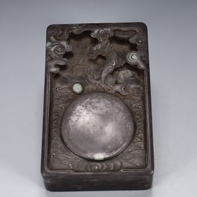 A Rare Auspicious Cloud and Dragon Pattern Inkstone,With poem