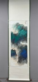 A Chinese Vertical Scroll Ink Painting of Landscape on Paper