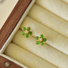 A Pair of Exquisite Sterling Silver-Gold Plated Inlaid Jasper Earrings,Inlaid Diamond