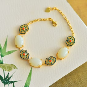 An Exquisite Sterling Silver-Gold Plated Inlaid White Jade Bracelet,Inlaid Gems
