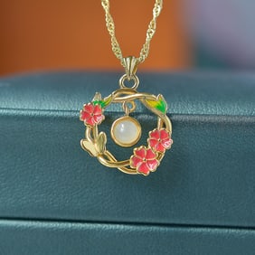 An Exquisite Sterling Silver-Gold Plated Inlaid White Jade Necklace