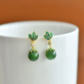 A Pair of Exquisite Sterling Silver-Gold Plated Inlaid Jasper Earrings,Inlaid Diamond