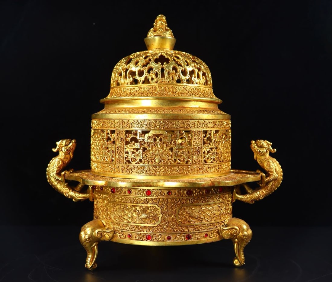 A Rare Gilt Bronze Inlaid Gems Auspicious Beast Double-Ears and Tripod Censer (1 of 9)