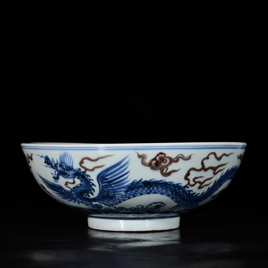 An Exquisite Blue and White Underglaze-Red Seawater,Auspicious Cloud and Dragon Pattern Bowl (1 of 9)