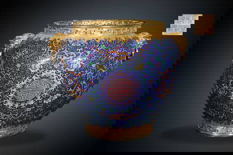 A Huge Cloisonne Enamel Lotus and Shou-Character Pattern Beast-Ears Vat: A Huge Cloisonne Enamel Lotus and Shou-Character Pattern Beast-Ears Vat,Qing Dynasty, China,Qianlong Six-Character