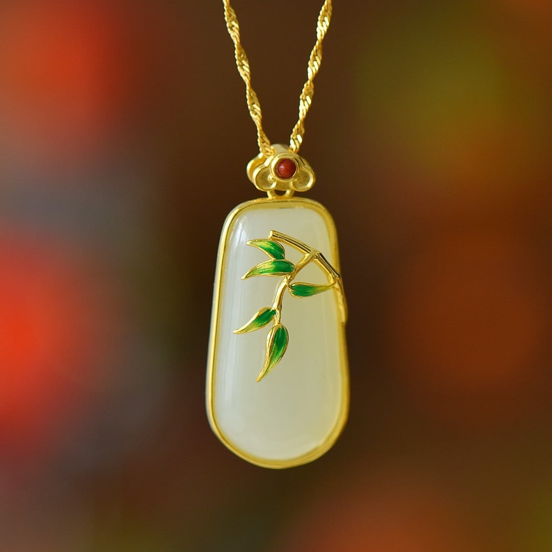 An Exquisite Sterling Silver Inlaid White Jade Bamboo Pattern Necklace (1 of 6)
