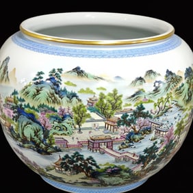 An Exquisite Famille-Rose Landscape Pattern Vat,with Poem