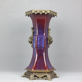 A Huge Flambe Glazed Inlaid Bronze Flower Double-Ears Gu-Shaped Vase