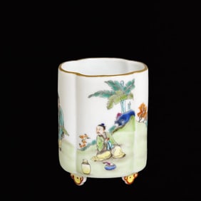 An Exquisite Famille-Rose Figure and Story Pattern Four Legs Brush Pot