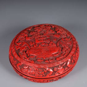 An Exquisite Carved Red Lacquer Eight Treasures Pattern Box with Cover