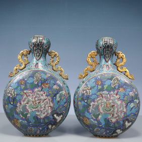 A Pair of Huge Cloisonne Flower Pattern Dragon-Ears Vases