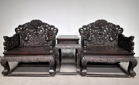 A Set of Fine Zitanwood Dragon Pattern Armchais and End Table