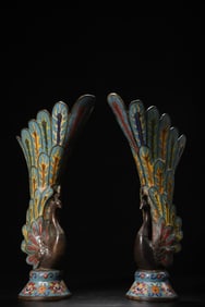 A Pair of Exquisite Cloisonne Peacock Vases