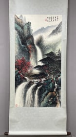 A Chinese Vertical Scroll Ink Painting of Landscape and Figure on Paper